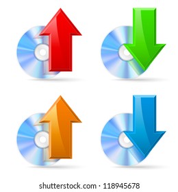 CD, DVD disc, icons Upload and Download. Illustration on white