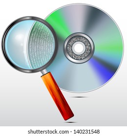 CD or DVD disc and magnifying glass, concept , storages and readings of the digital information. Vector