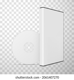 CD DVD disk with box case realistic vector illustration. 3d blank pack with video audio information storage container device isolated on transparent. Empty digital electronic technology with cardboard