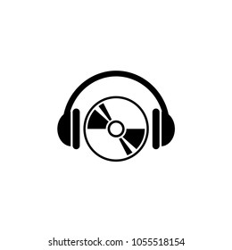 CD DVD with Headphones. Flat Vector Icon. Simple black symbol on white background