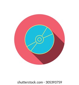 CD or DVD icon. Multimedia sign. Red flat circle button. Linear icon with shadow. Vector
