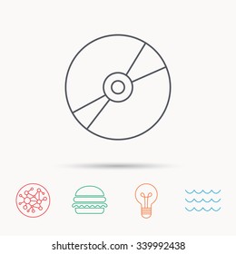 CD or DVD icon. Multimedia sign. Global connect network, ocean wave and burger icons. Lightbulb lamp symbol.