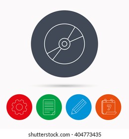 CD or DVD icon. Multimedia sign. Calendar, cogwheel, document file and pencil icons.