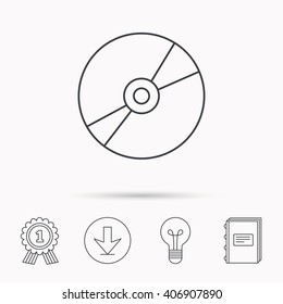 CD or DVD icon. Multimedia sign. Download arrow, lamp, learn book and award medal icons.