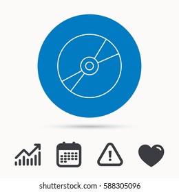 CD or DVD icon. Multimedia sign. Calendar, attention sign and growth chart. Button with web icon. Vector