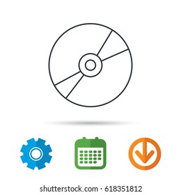 CD or DVD icon. Multimedia sign. Calendar, cogwheel and download arrow signs. Colored flat web icons. Vector