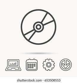 CD or DVD icon. Multimedia sign. Notebook, Calendar and Cogwheel signs. Download arrow web icon. Vector