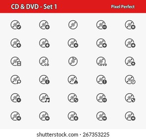 CD & DVD Icons. Professional, pixel perfect icons optimized for both large and small resolutions. EPS 8 format.