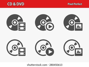 CD & DVD Icons. Professional, pixel perfect icons optimized for both large and small resolutions. EPS 8 format.