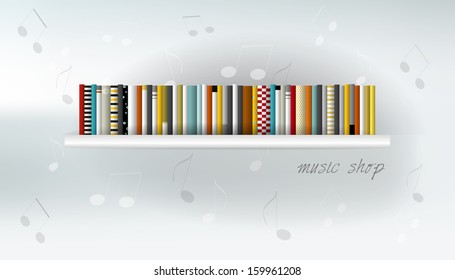 CD, DVD on shelf. Vector illustration. Art background.