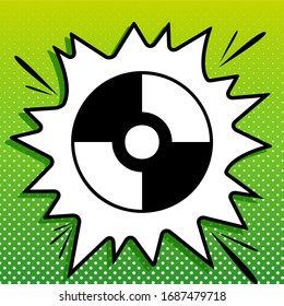 Signo de CD o DVD. Icono negro sobre la parte blanca Splash en fondo verde con puntos blancos.  Ilustración.
