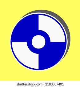 Signo de CD o DVD. Icono azul con trazo blanco en 3d en fondo amarillo. Ilustración.