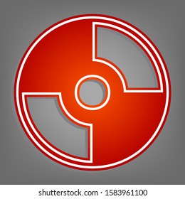 CD or DVD sign. Flat red icon with linear white icon with gray shadow at grayish background. Illustration.