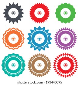 CD or DVD sign icon. Compact disc symbol. Stars stickers. Certificate emblem labels. Vector