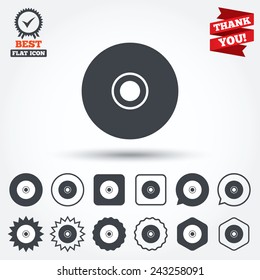 CD or DVD sign icon. Compact disc symbol. Circle, star, speech bubble and square buttons. Award medal with check mark. Thank you ribbon. Vector