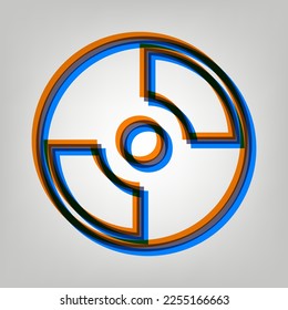 CD- oder DVD-Zeichen. Starkes Symbol auf grauem Hintergrund in Orange, Azurblau und alten Lavendelfarben. Illustration.
