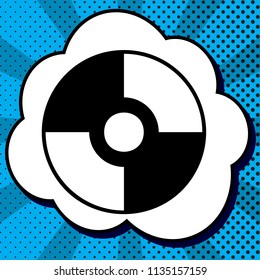 CD or DVD sign. Vector. Black icon in bubble on blue pop-art background with rays.