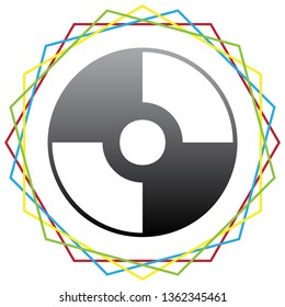 CD or DVD sign. Vector. Black icon with patch of light inside colorful hexagonal frames at white background.