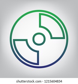 CD or DVD sign. Vector. Green to blue gradient contour icon at grayish background with light in center.
