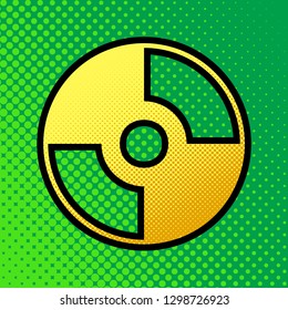 CD or DVD sign. Vector. Pop art orange to yellow dots-gradient icon with black contour at greenish background.