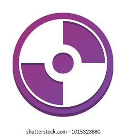 CD or DVD sign. Vector. White icon with flat shadow on purpureus circle at white background. Isolated.