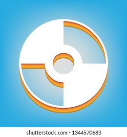 CD or DVD sign. Vector. White icon with 3d warm-colored gradient body at sky blue background.