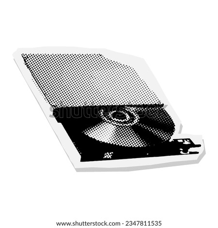 CD with halftone dots print texture. Macro offset newspaper style symbol. Vector illustration with vintage grunge punk cutout shape.