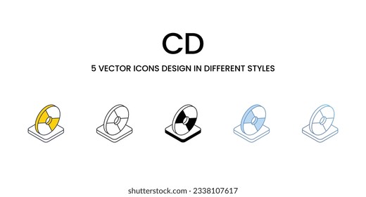 Diseño de iconos de Cd en estilo Cinco con pulsación editable. Línea, Sólido, Línea plana, Color de tono Duo y Línea de degradado de color. Adecuado para diseño de páginas Web, aplicaciones móviles, UI, UX y GUI.