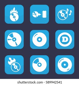 cd icon. Set of 9 filled cd icons such as d letter, disc on fire, disc flame, CD, CD fire