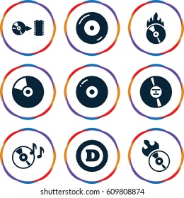 Cd icons set. set of 9 cd filled icons such as d letter, disc on fire, disc flame, CD, CD fire