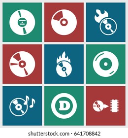 Cd icons set. set of 9 cd filled icons such as d letter, disc on fire, disc flame