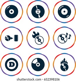 Cd icons set. set of 9 cd filled icons such as d letter, disc on fire, disc flame