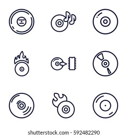 cd icons set. Set of 9 cd outline icons such as disc on fire, disc flame, CD, CD fire
