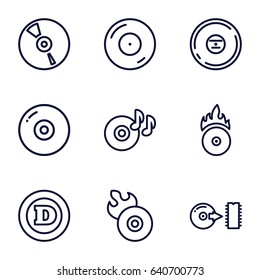 Cd icons set. set of 9 cd outline icons such as d letter, disc on fire, disc flame