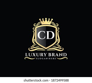 CD Initial Letter Gold calligraphic feminine floral hand drawn heraldic monogram antique vintage style luxury logo design.