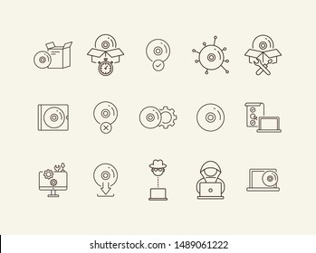 CD line icons. Set of line icons. Hacker, CD installation, download from CD. Data storage concept. Vector illustration can be used for topics like computers, technology, software