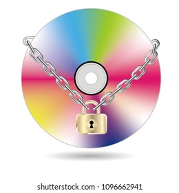 CD locked by a chain.Isolated on white background.