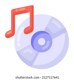 Cd with music note denoting flat icon of music disc 

