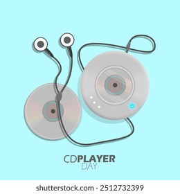 Dia do CD Player em 1º de outubro. Um CD player moderno com fones de ouvido e um CD em fundo azul claro.