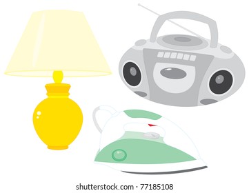 CD player, lamp and iron