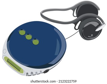 cd player music of 90s technology isolated on white. MP3 player in blue color and headset