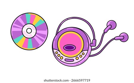 CD player e CD de música. Retro tecnologia 90s. Elemento colorido de desenho animado. Ilustração isolada de vetor.