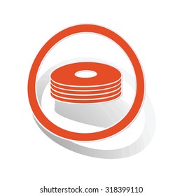 CD stack sign sticker, orange circle with image inside, on white background