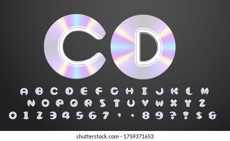 CD style font design, alphabet letters and numbers, Eps10 vector.