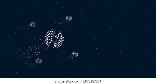 A cd symbol filled with dots flies through the stars leaving a trail behind. Four small symbols around. Empty space for text on the right. Vector illustration on dark blue background with stars