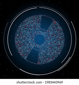The cd symbol filled with white dots. Pointillism style. Some dots is red. Vector illustration on blue background with stars