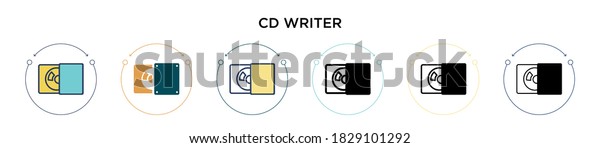 Cd writer icon in\
filled, thin line, outline and stroke style. Vector illustration of\
two colored and black cd writer vector icons designs can be used\
for mobile, ui, web