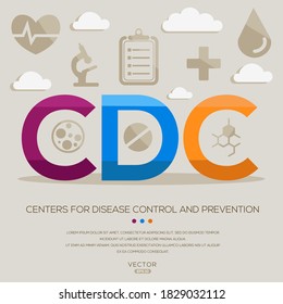 CDC media (Centros para el Control y Prevención de Enfermedades) acrónimos médicos, letras e íconos, ilustración vectorial.		