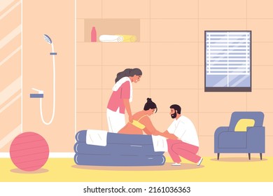 Cdhildbirth flat concept with pregnant woman doula and husband in hospital delivering room vector illustration