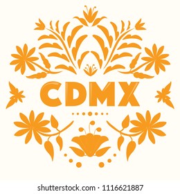 CDMX (Abreviation in Spanish for Mexico City) Colorful Mexican Traditional Textile Embroidery Style – Copy Space Floral Composition 